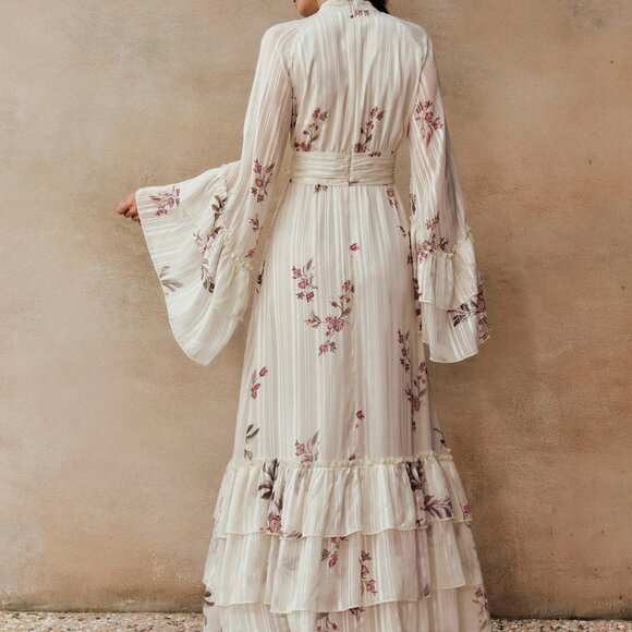 Apricot Elegant Women's Floral Ruffle Long Sleeve Dress - Picture 2 of 7